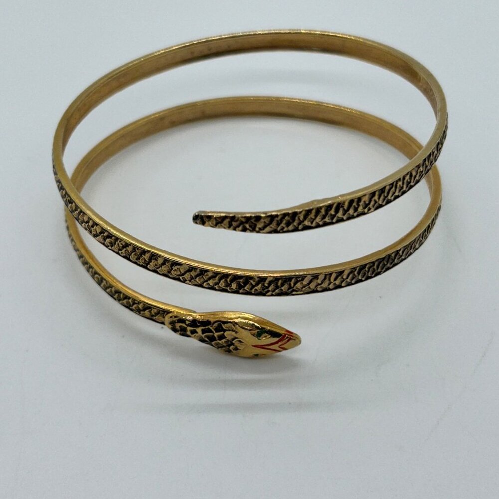 Vintage Snake Bracelet Egyptian Style Gold Tone Armlet With Chased Metal, Enamel - Picture 2 of 13